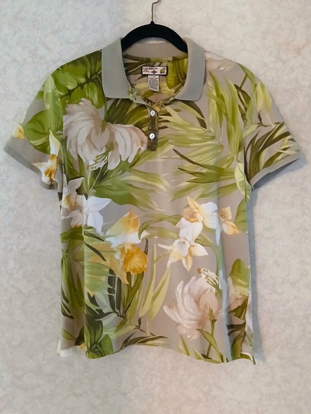 Caribbean Joe Womens Floral & Palm Leaf Collared Top, White,Yellow,Green, Large